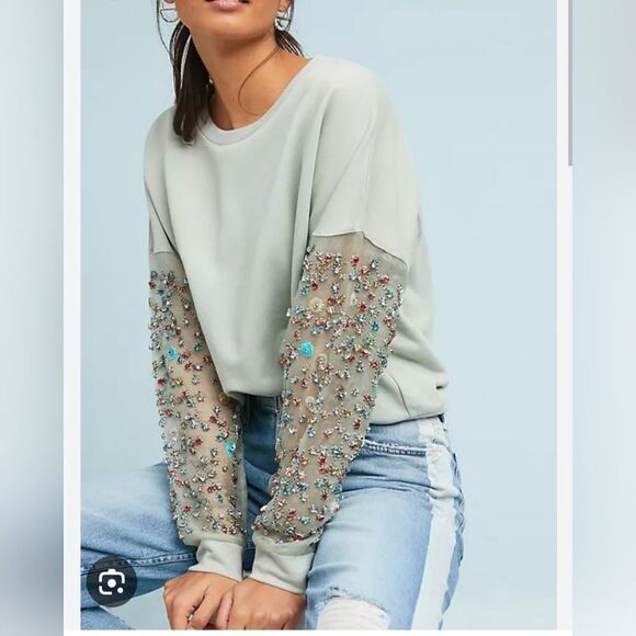 Anthropologie Tops - Anthropologie Let Me Be Luckcharm women's blue cotton beaded sweatshirt Size XS
